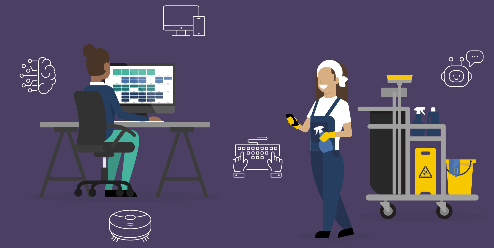 Illustration af en medarbejder, der arbejder med digital rengøringsplanlægning på en computer, mens en rengøringsmedarbejder står klar med rengøringsudstyr og mobiltelefon.