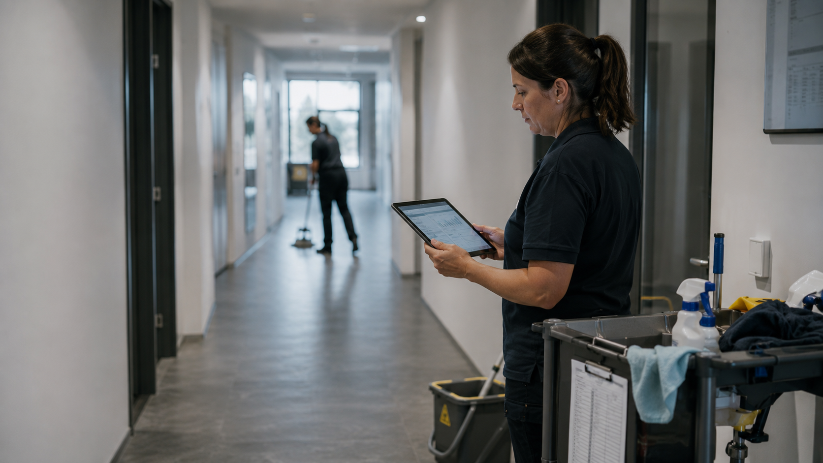 Rengøringsassistent tjekker en tablet ved siden af en rengøringsvogn