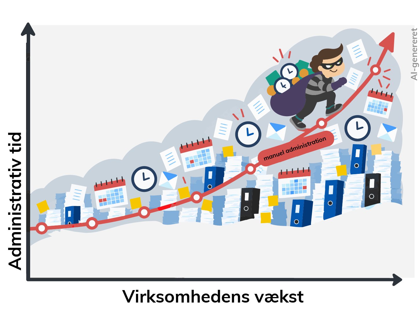 Grafik viser, hvordan tidsforbruget på manuelle administrationsopgaver stiger, når en rengøringsvirksomhed vokser.