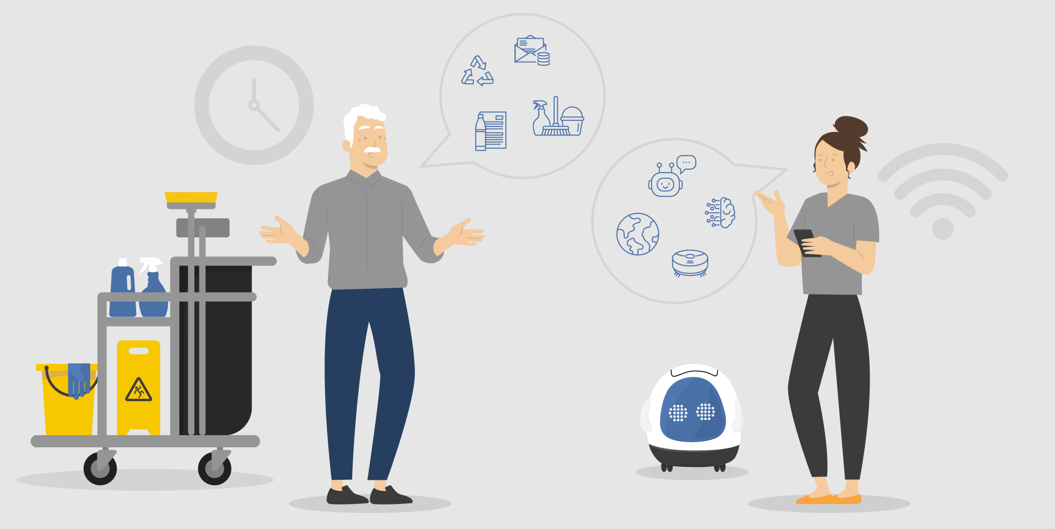 Illustration af en ældre mand med rengøringsvogn og en yngre kvinde med smartphone, som diskuterer emner som genbrug, teknologi og automatisering.