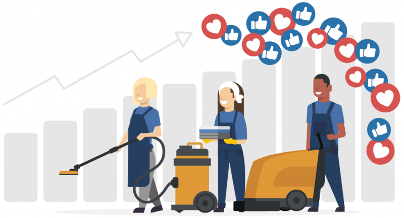 Tre rengøringsmedarbejdere med maskiner foran voksende søjlediagram og ikoner med likes og hjerter