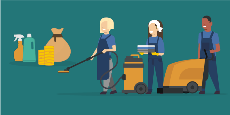Cleaning staff with equipment, supplies, and money icons, representing cost and work