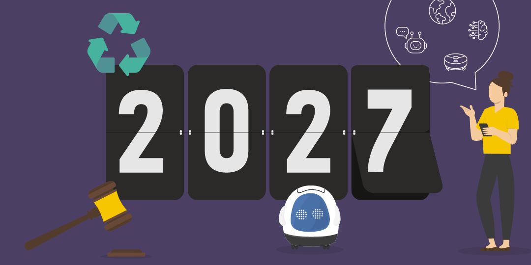 Illustration med årstallet 2027, en retsklub, et genbrugssymbol, en AI-tankeboble og en robotstøvsuger, der symboliserer kommende trends og lovkrav i rengøringsbranchen.