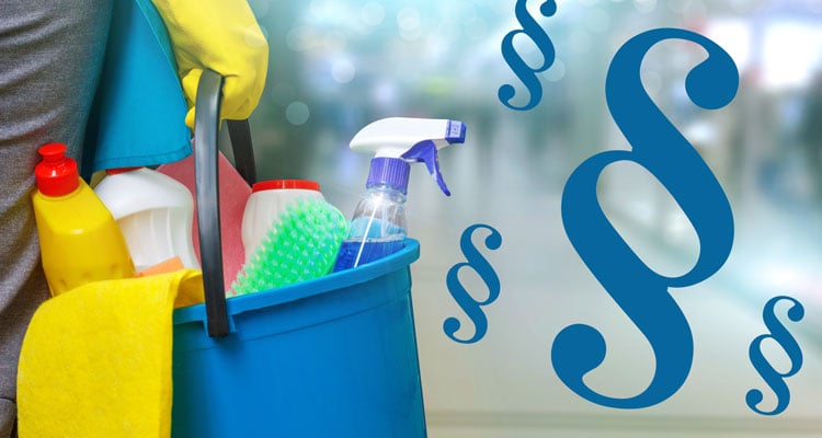 Person med rengøringsartikler i en spand, symboler for paragraffer i baggrunden