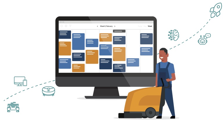 Illustration af CleanManagers digitale rengøringsplanlægning på en computerskærm med en rengøringsmedarbejder og gulvvaskemaskine i forgrunden.