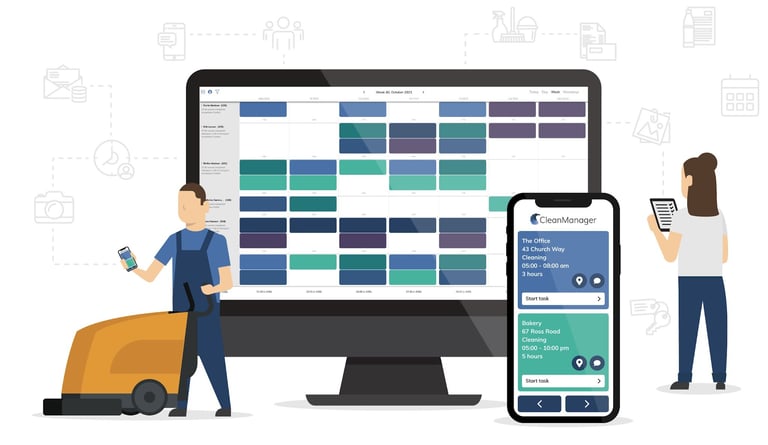 Illustration af CleanManagers vagtplanlægning på en skærm og i mobilappen, brugt af rengøringsmedarbejdere i felten.