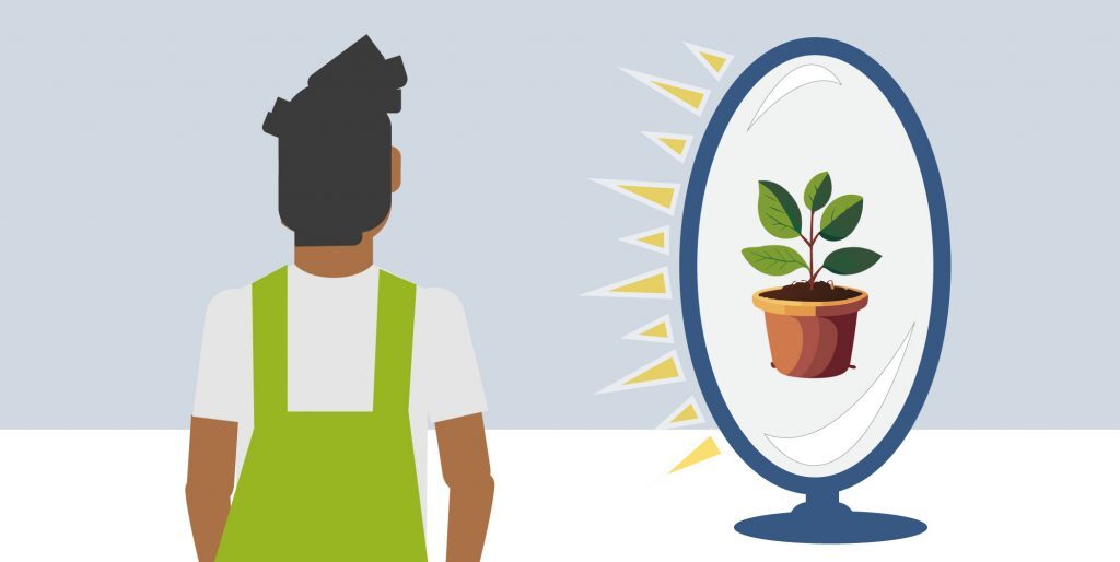 Rengøringsassistent der kigger i et spejl som viser en plante