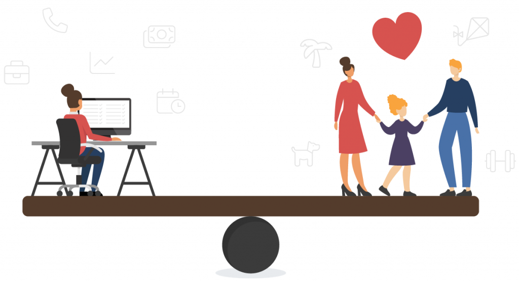 En vægt med arbejde på den ene side og familie på den anden – et symbol på work-life balance.