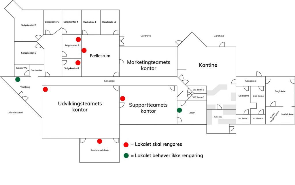 Rumplan over CleanManagers bygning med kontorer og fællesområder. Røde og grønne prikker markerer sensorernes placering: rød viser lokaler, der skal rengøres, grøn viser lokaler, der ikke skal rengøres.