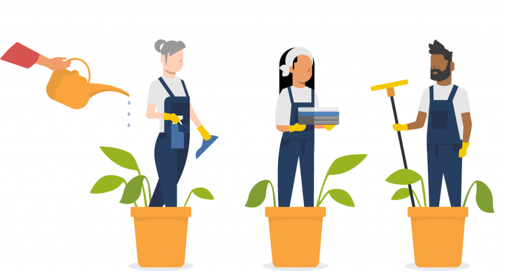 Tre mennesker, der står i blomsterpotter og arbejder, mens en hånd med en vandkande vander dem – et symbol på medarbejderudvikling og vækst.