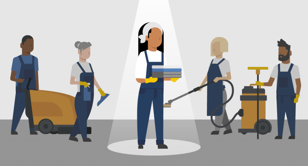 Fem rengøringsmedarbejdere i arbejdstøj og med forskellige rengøringsredskaber. En person i midten er oplyst og bærer rengøringsklude, mens de andre arbejder med maskiner og udstyr i baggrunden. Illustrationen symboliserer teamwork, specialisering og fokus i professionelle rengøringsopgaver.

