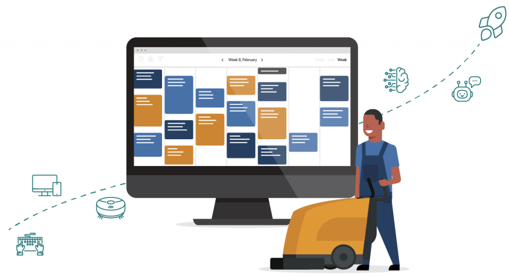 Rengøringsassistent med gulvvasker foran en pc med CM kalenderen for at illustrere den teknologiske rejse.